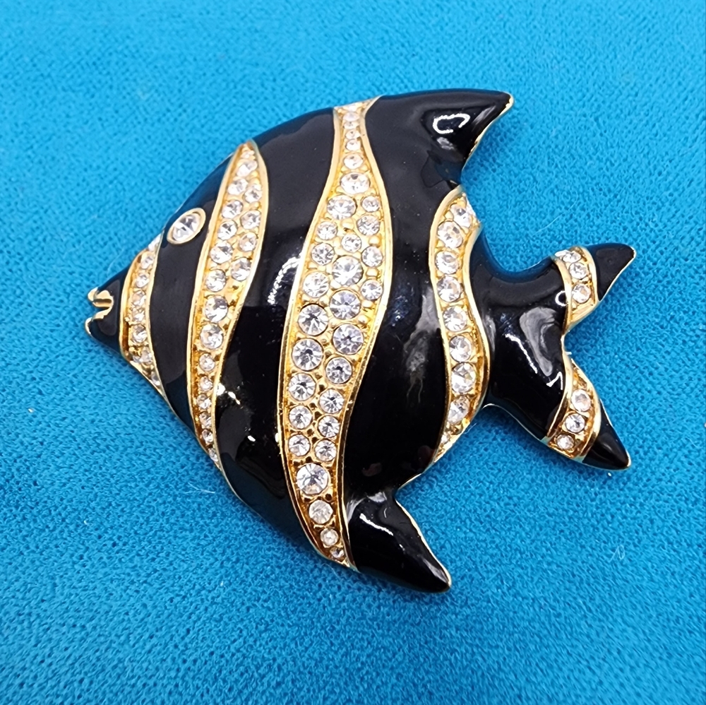 Retired Signed Swarovski Black & White Zebra Fish Brooch